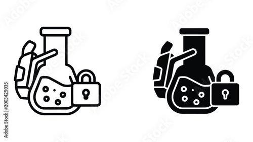 Locked lab equipment and test tube with gloves icon set