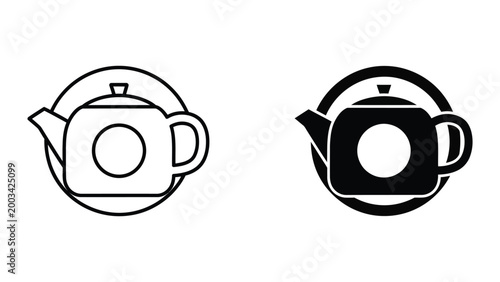 Black and white tea pot icon with handle and spout