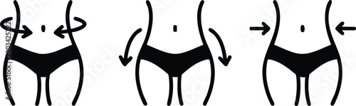 Weight loss icons showing female waist slimming, body transformation symbols, thin waistline vector set for fitness and diet