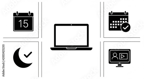 Black and white icons of computer and calendar symbols