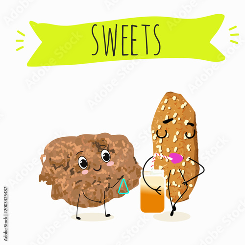 Funny Characters brutti ma buoni, biscotti regina, italy dessert, hand drawn vector illustration.