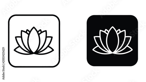 Minimalist lotus flower icon in white and black versions
