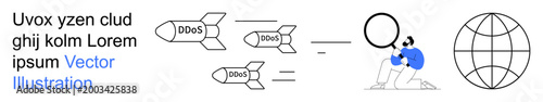 Cybersecurity, network defense, threat detection, online safety, digital vulnerability, DDoS attacks. Visual shows DDoS missiles, a person analyzing data and a globe. Cybersecurity and network