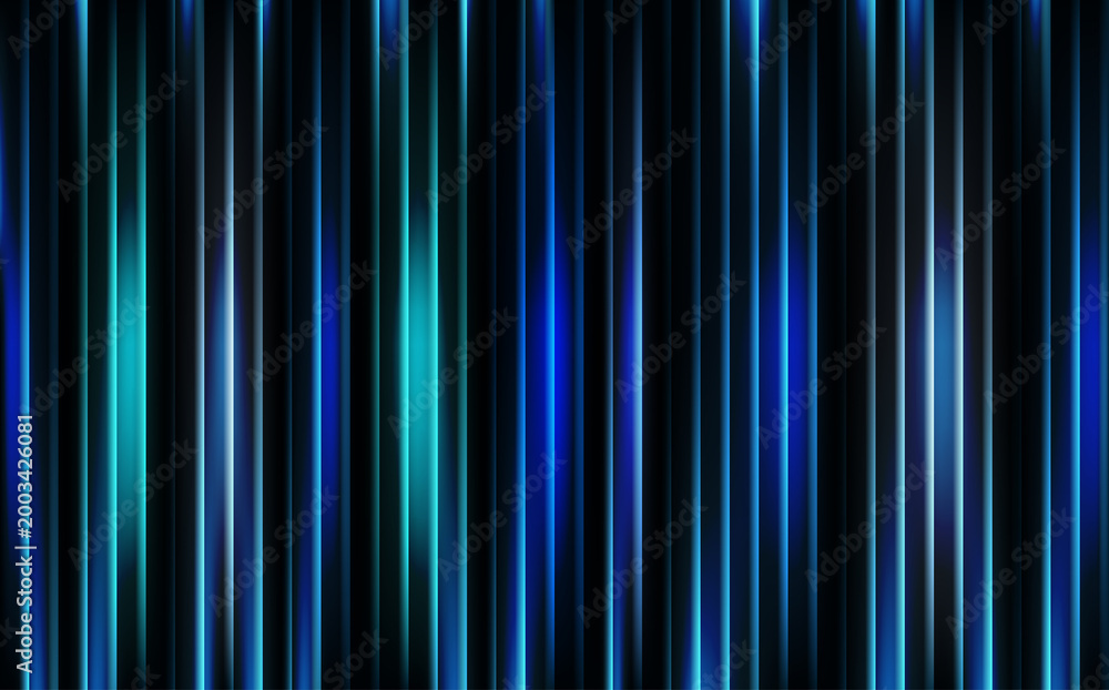 Fototapeta premium abstract dark blue glass texture with thin vertical neon stripes and glowing light refractions background