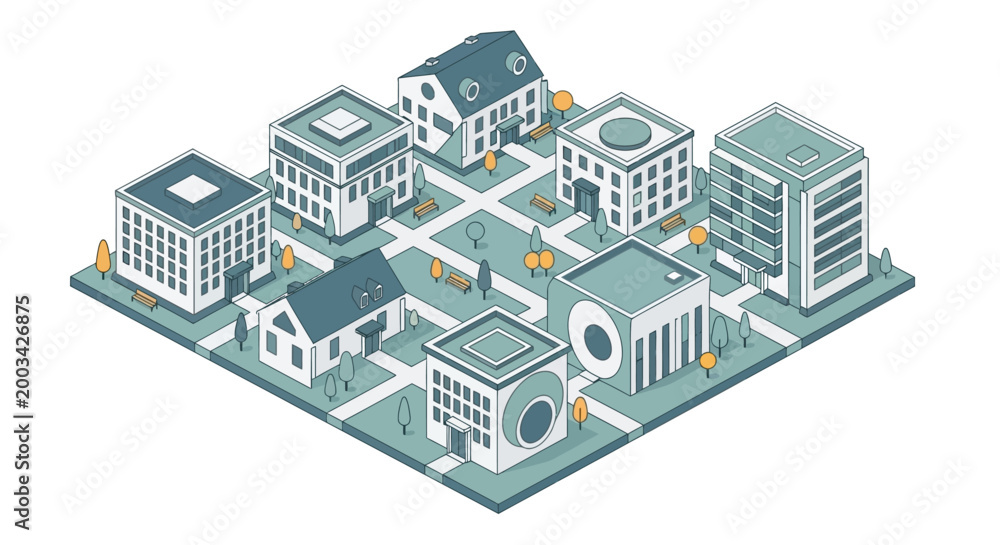 Fototapeta premium Isometric view of a city block showing different architectural styles and urban planning elements