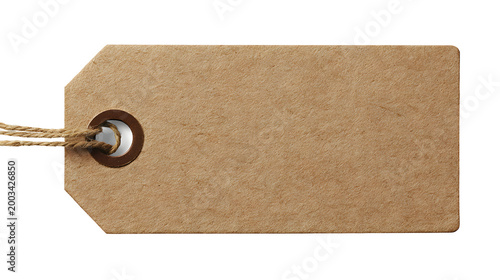 stationery cutout of blank brown paper tag with string and eyelet, clean kraft label mockup with natural texture, sharp focus, clean edges high definition, isolated on white background