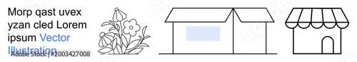 Architecture, local business, housing, sustainability, floral , minimalist art. Linear drawings of house, flowers and market building. Architecture and local business concept
