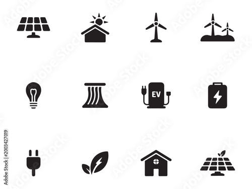 Green energy and solar panel icon set for renewable power and sustainable technology