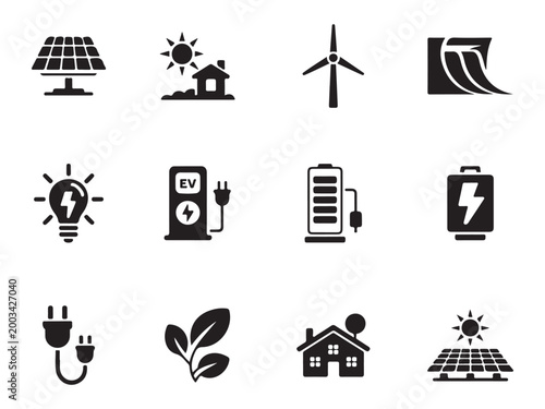 Sustainable energy and solar power silhouette icons for eco-friendly technology