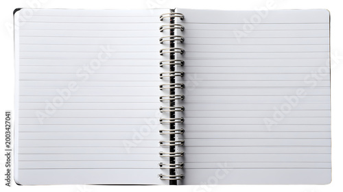 stationery cutout of open spiral notebook viewed from above, lined pages with curled corner and crisp paper texture, sharp focus, clean edges high definition, isolated on white background