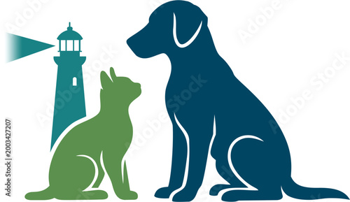Stylish Pet Illustrations: Cats and Dogs and a lighthouse