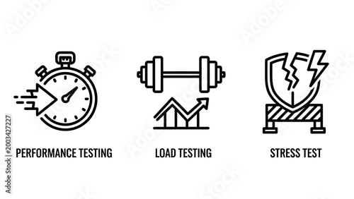 Software and system quality assurance icons: performance load stress testing methodologies performance software assurance stopwatch dumbbell capacity resilience strength benchmark