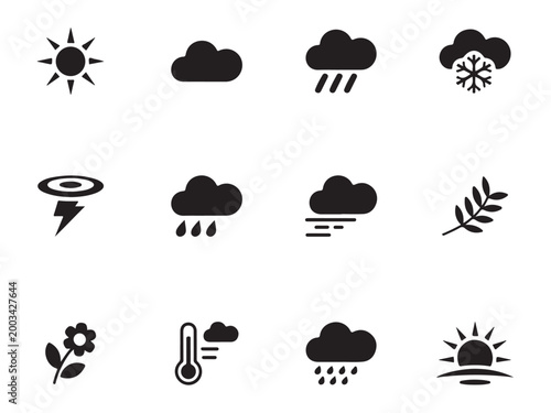 Weather forecast and seasonal climate silhouette icons for mobile apps and web