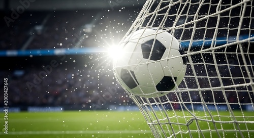 Soccer ball flying into goal net with water splashes on a sunny day
