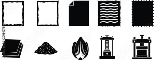 Set of black paper manufacturing and handmade craft icons for design projects