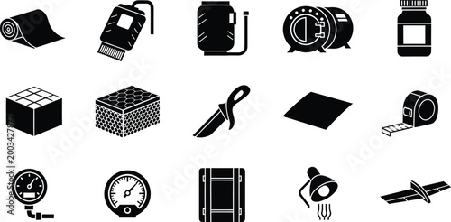 Set of construction and industrial equipment icons in black silhouette style