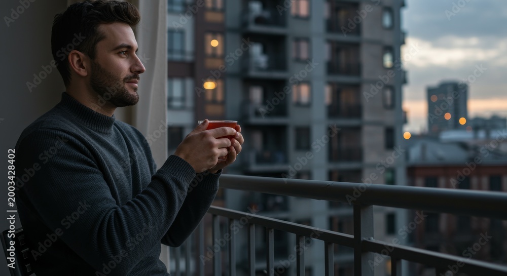 Fototapeta premium Man holding warm tea on balcony in blue dusk light with city buildings behind