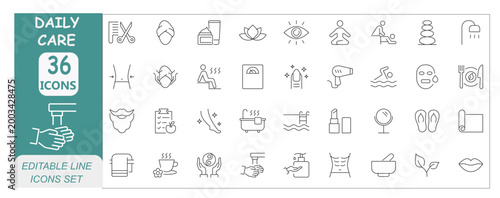 Daily Care icons set. Includes icons for hygiene, routine, self care, wellness, grooming, medication, reminders, and home care. Editable stroke. Line icons. Perfect for apps, planners, and infographic