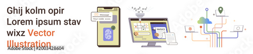 Digital transformation, payment processing, online communication, cloud data exchange, workflow automation, mobile services. Smartphone with app, invoice on a monitor, data connectivity lines