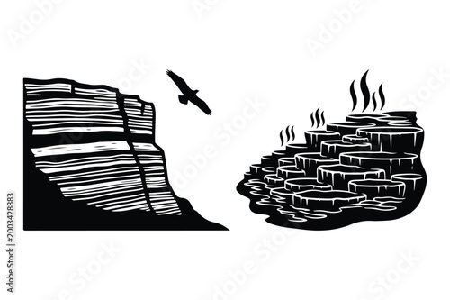 Canyon layers and geothermal terraces vector illustration with geothermal