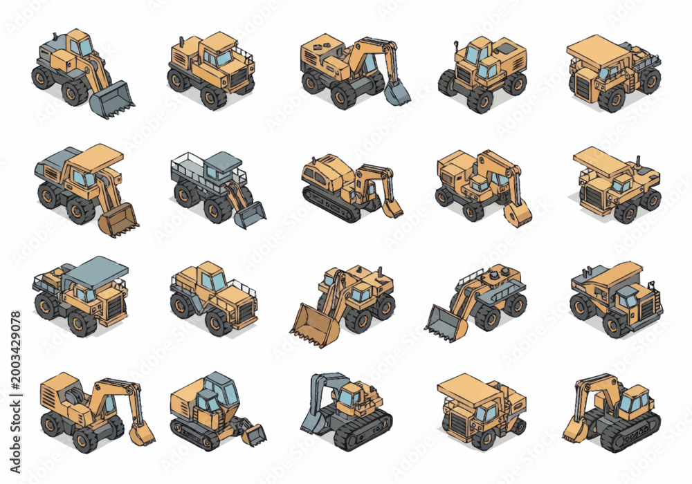 Fototapeta premium Collection of isometric construction vehicles and heavy machinery.