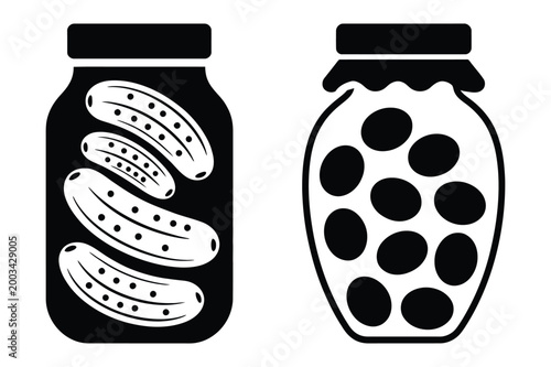 Pickles and olives jars vector illustration with cucumbers preserved container