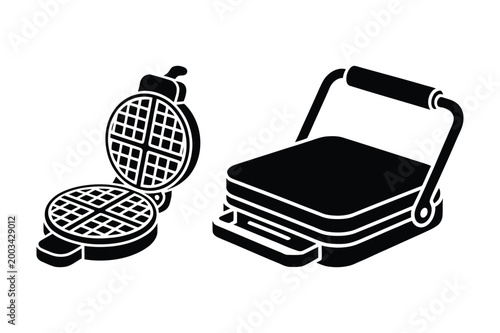 Waffle maker and grill press vector illustration with appliance, breakfast
