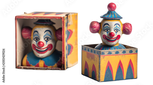 toy cutout of vintage jack-in-the-box with clown figure, playful retro toy with colorful painted detail, sharp focus, clean edges high definition, isolated on white background
