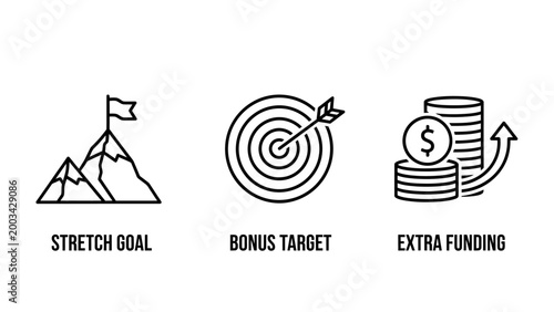 Business growth concepts: stretch goal bonus target extra funding icons business marketing strategy mountain investment development planning achievement accumulation economic bullseye