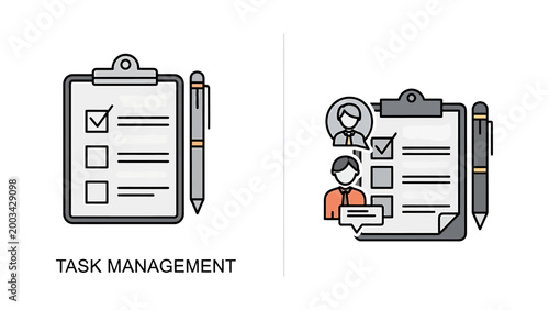 Task management checklist and workflow planning icons with management checklist workflow planning clipboard assignment business productivity organization checkbox evaluation development