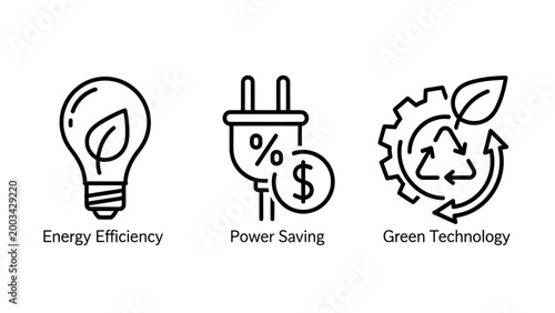 Energy efficiency power saving and green technology line icons efficiency technology currency sustainability environment conservation recycling renewable resource electric consumption