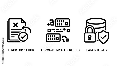 Error correction forward error correction and data integrity line icons correction integrity document database information security accuracy validation computing processing verification