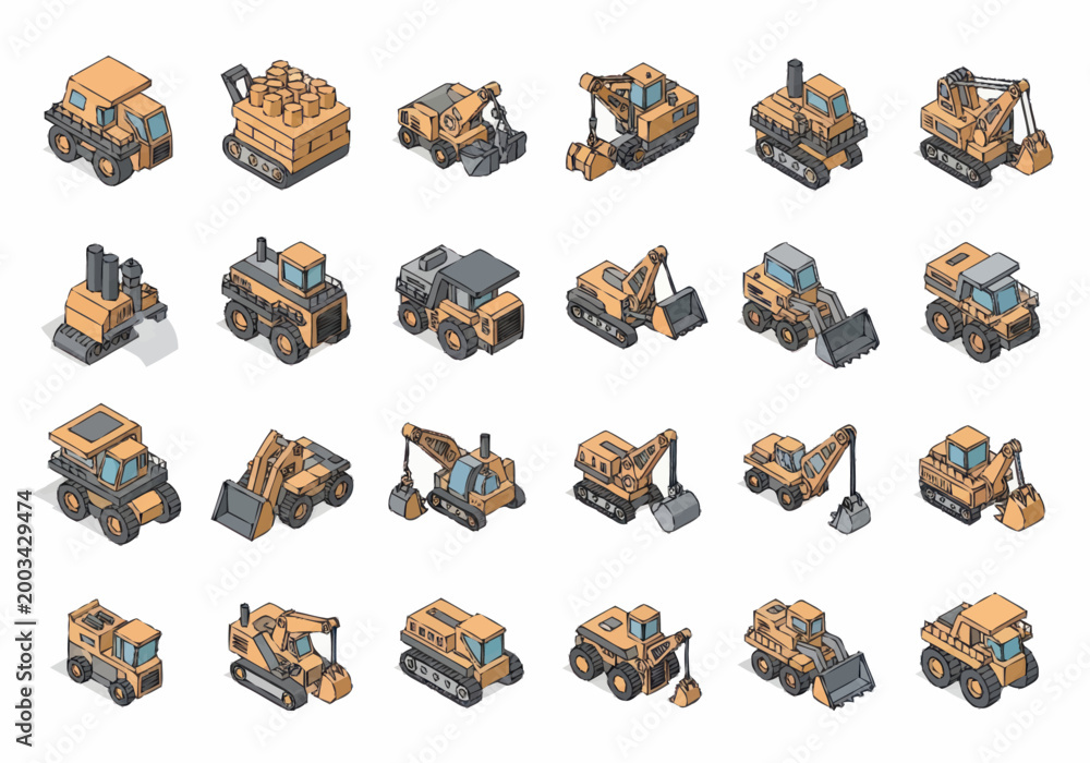 Fototapeta premium Collection of isometric construction vehicles and heavy machinery illustrations.