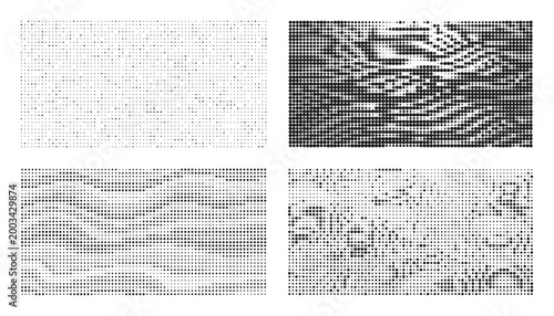 Abstract digital textures with glitch and pixelation effects in monochrome.