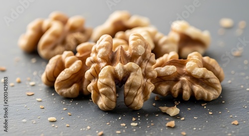 Pile of walnuts on a gray surface with scattered pieces around them