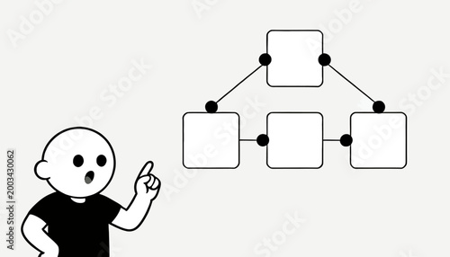 Minimalist Illustration of a Person Pointing to a Simple Tree Diagram or Flowchart Structure