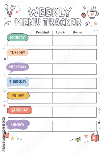 Modern Minimal Weekly Menu Tracker Template with Geometric Labels and Editable Planner Vector