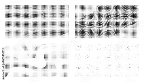 Abstract grayscale textures with flowing lines and pixelated patterns