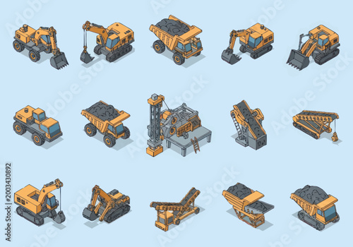 Billede på lærred Collection of Isometric Construction Vehicles and Heavy Machinery