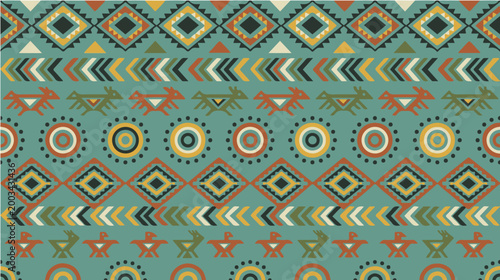 Seamless ethnic geometric pattern with tribal motifs and decorative shapes in earthy tones, creating a vibrant ornamental background.