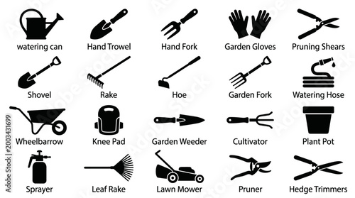 black and white vector silhouette set of garden tools