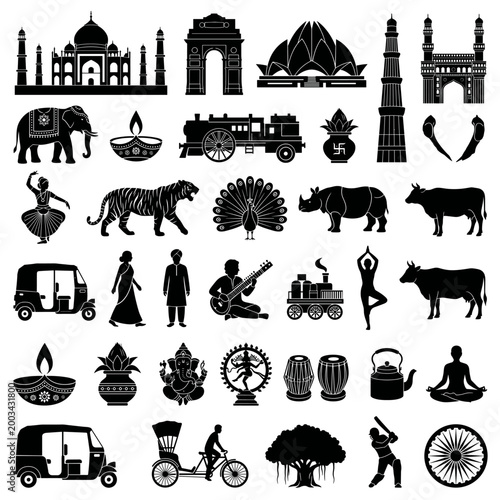 black and white vector silhouette set of india things
