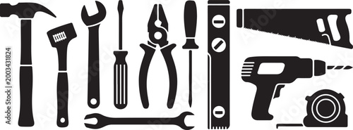 Set of hand tools in silhouette illustration. essential construction and repair equipment for home improvement.