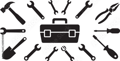Set of hand tools around a toolbox in silhouette illustration. collection for repair and construction projects.