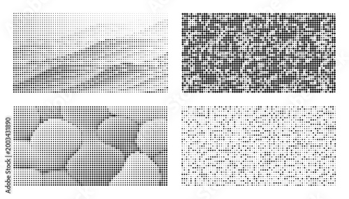 Abstract grayscale geometric patterns with organic flowing lines and pixelated textures.