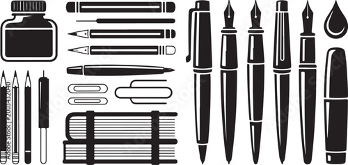 Collection of stationery and writing tools in silhouette, including pens, pencils, inkwell, and paperclips, on transparent background.