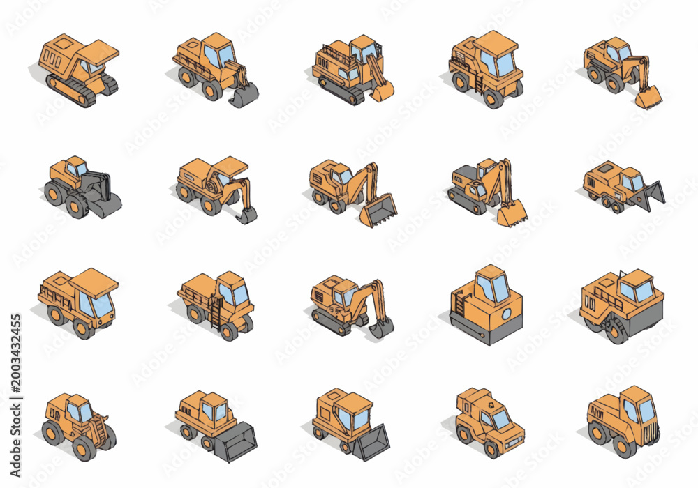 Fototapeta premium Collection of Isometric Construction Vehicles and Machinery Icons.