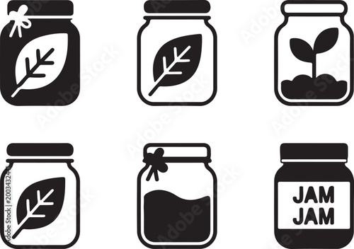 Jam jar icon set isolated. glass jars with leaves, sprout, water and text vector illustration.