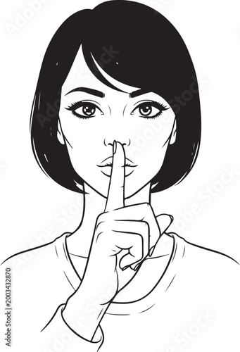 A black and white vector illustration of a woman making a shushing gesture. 