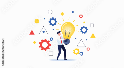 A cartoon businessman holding a briefcase and standing amidst floating colorful shapes and gears, conveying innovation and creativity on a white background.